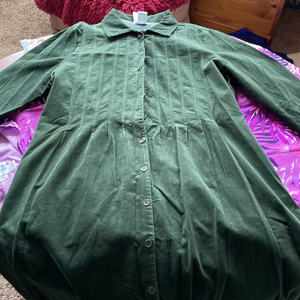 Women’s 1X Corduroy Shirtdress pleated forest green warm cotton The Paragon - Picture 2 of 9